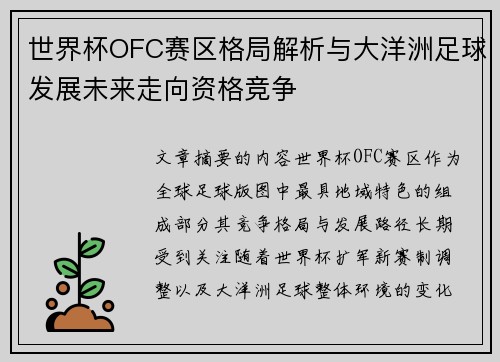 世界杯OFC赛区格局解析与大洋洲足球发展未来走向资格竞争